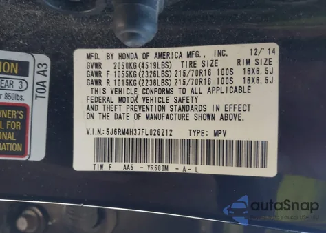 2015 Honda Cr-V Lx from USA, damaged, VIN 5J6RM4H37FL026212